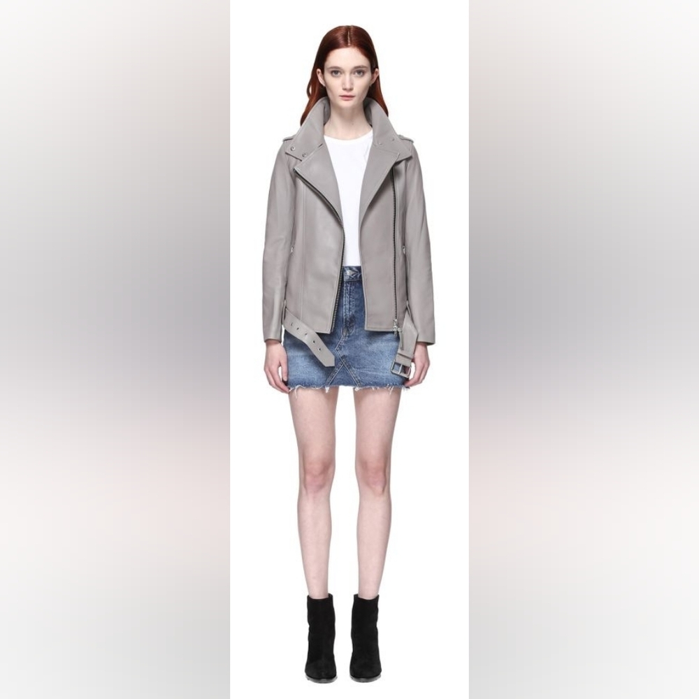 Mackage light grey long leather biker jacket - xs
